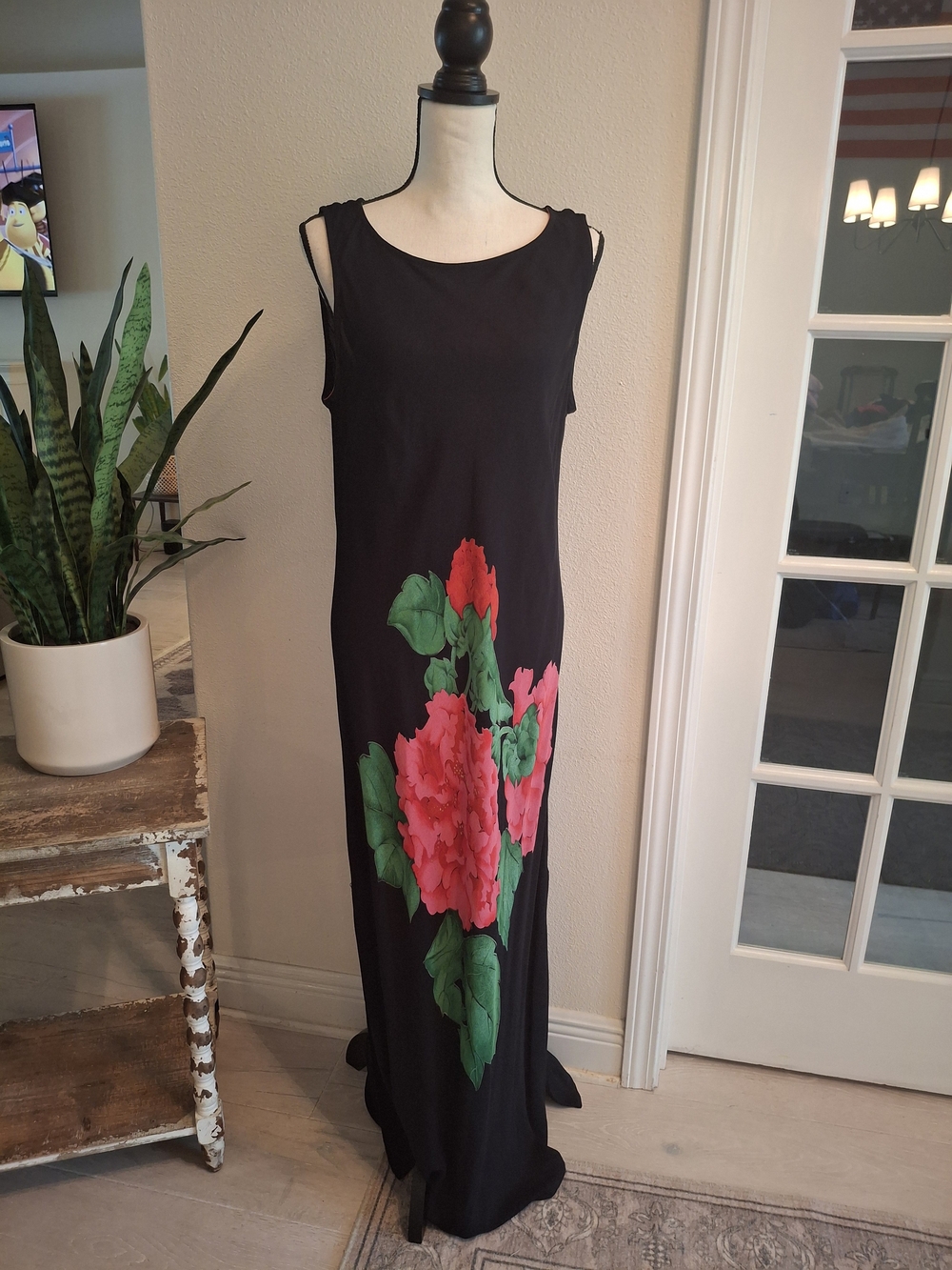Vintage 90s Carole Little Black Maxi Dress with Pink Floral Print